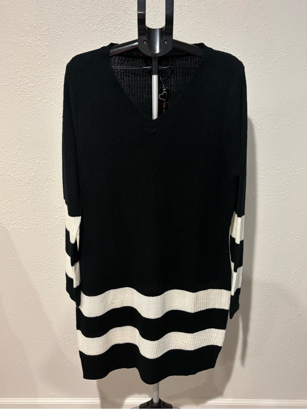 Extra Touch Black Cream Striped Sweater Dress
